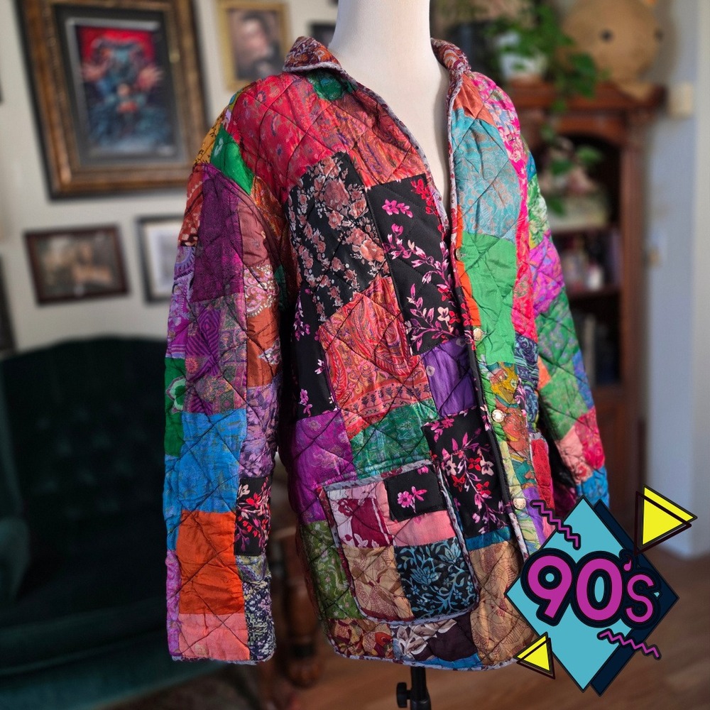 Art-E-Zen Silk Patchwork Jacket Reversible Vintage 90s Quilted‎ Paisley Coat L